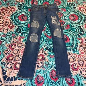 Machine Distressed Embroidered Jeans
